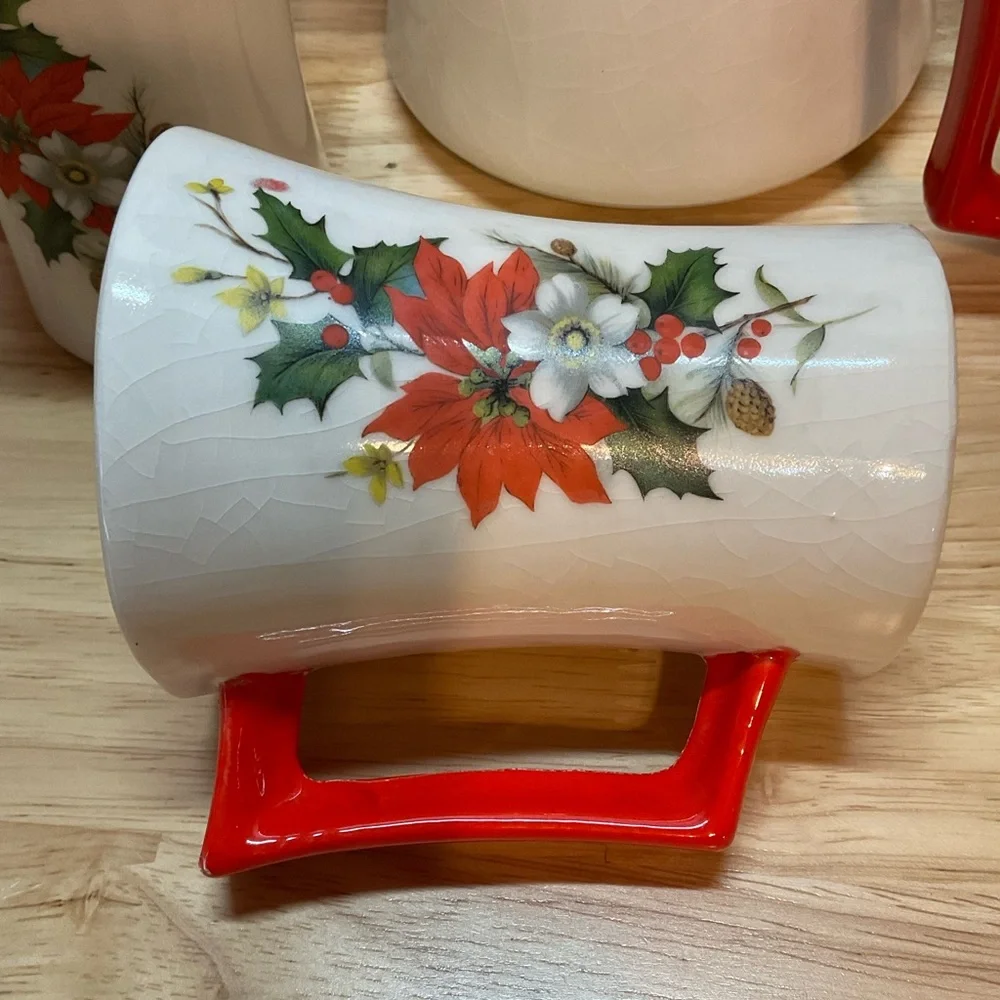 🎄Vintage MCM Arners Poinsettia Flower  Christmas Chocolate Pot & 5 Matching Mugs - Picture 4 of 14